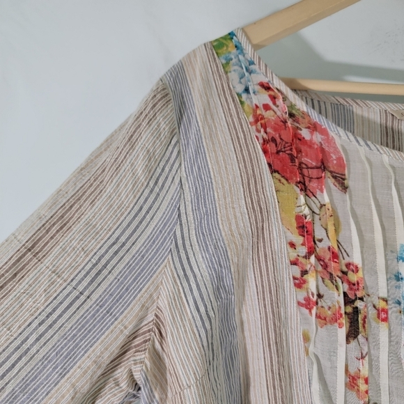 Soft Surroundings Women Tunic Top Sz L Tan Striped Floral Long Sleeve Boho - Picture 7 of 12